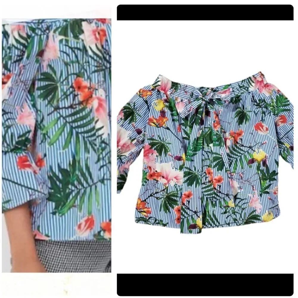 MNG by Mango Floral Stripe Bow Back Off Shoulder Top Size 6
